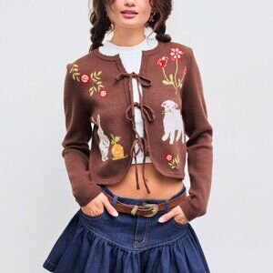 Cottagecore Brown Floral & Rabbit Tie Front Knotted Cardigan Women's Size 2XL